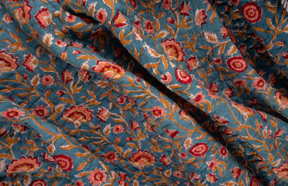 Blue blooming gardens - Handblock printed pure mulmul cotton reversible quilt
