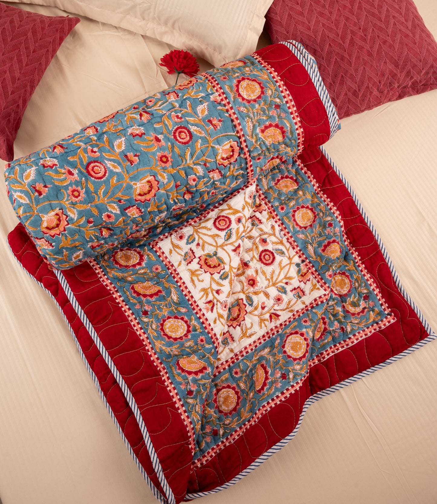 Blue blooming gardens - Handblock printed pure mulmul cotton reversible quilt