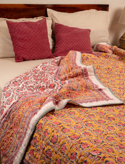 Pink bloom on yellow - Handblock printed pure mulmul cotton reversible quilt