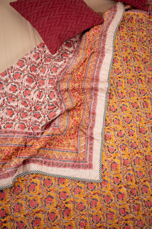 Pink bloom on yellow - Handblock printed pure mulmul cotton reversible quilt