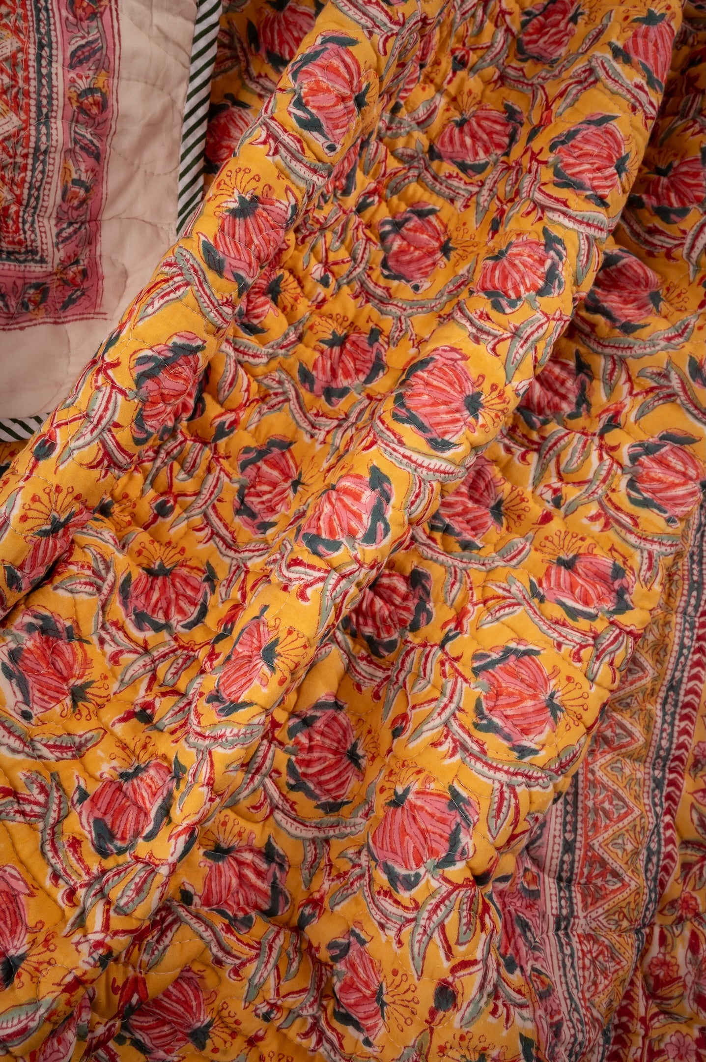 Pink bloom on yellow - Handblock printed pure mulmul cotton reversible quilt