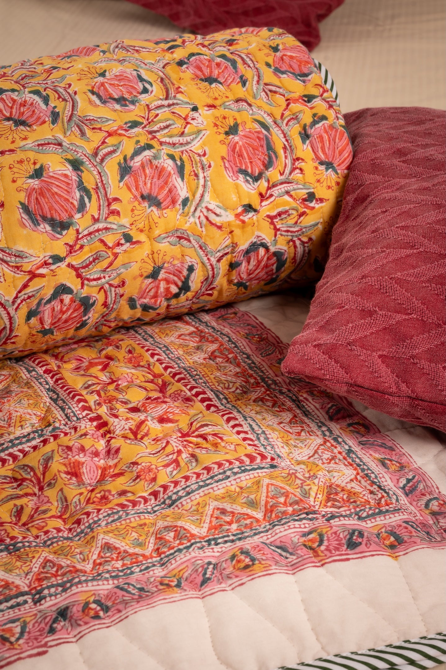 Pink bloom on yellow - Handblock printed pure mulmul cotton reversible quilt