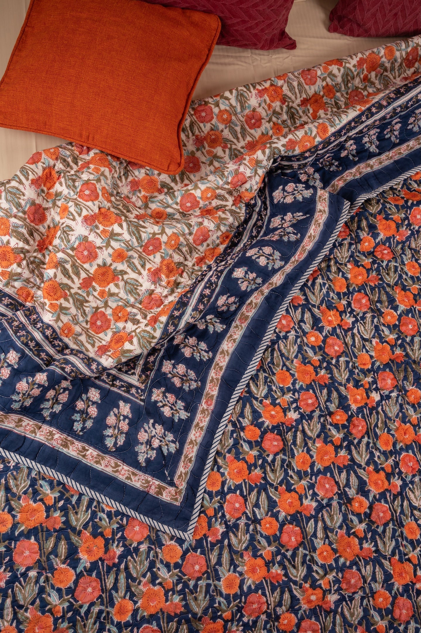 Midnight blossoms - Handblock printed pure mulmul cotton reversible quilt