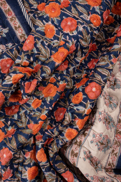 Midnight blossoms - Handblock printed pure mulmul cotton reversible quilt