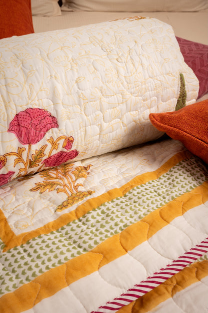 White shalimar - Handblock printed pure mulmul cotton reversible quilt