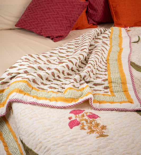 White shalimar - Handblock printed pure mulmul cotton reversible quilt