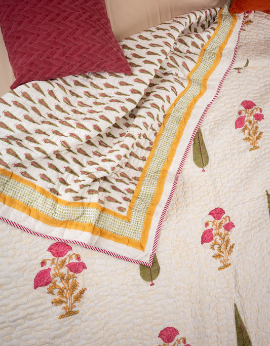White shalimar - Handblock printed pure mulmul cotton reversible quilt