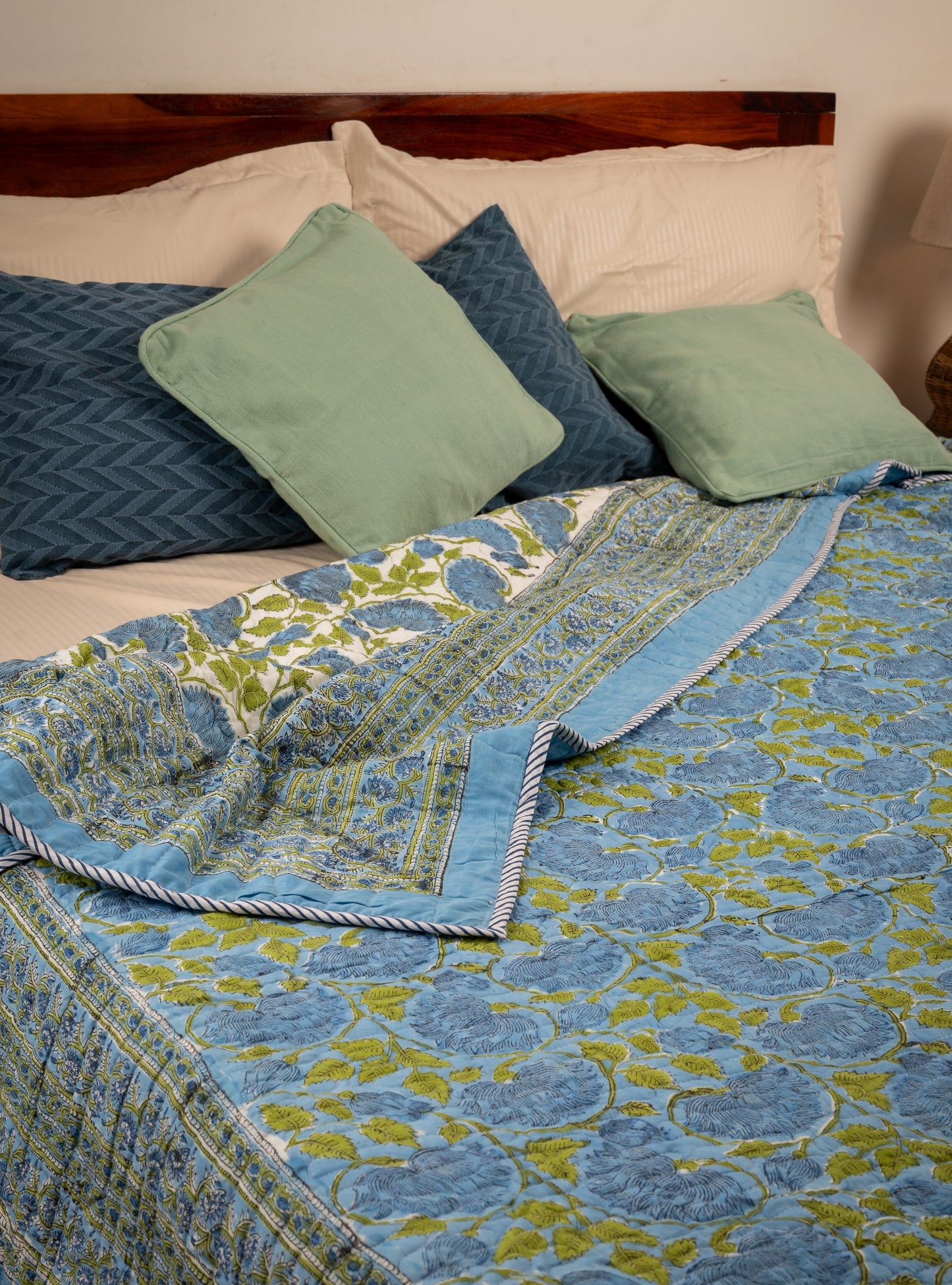 Blue dahlias - Handblock printed pure mulmul cotton reversible quilt