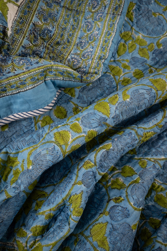 Blue dahlias - Handblock printed pure mulmul cotton reversible quilt