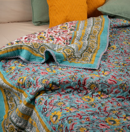 Orchard on blue - Handblock printed pure mulmul cotton reversible quilt