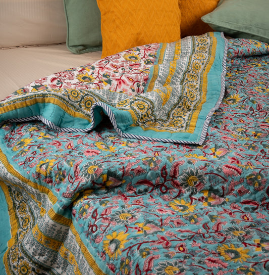 Orchard on blue - Handblock printed pure mulmul cotton reversible quilt