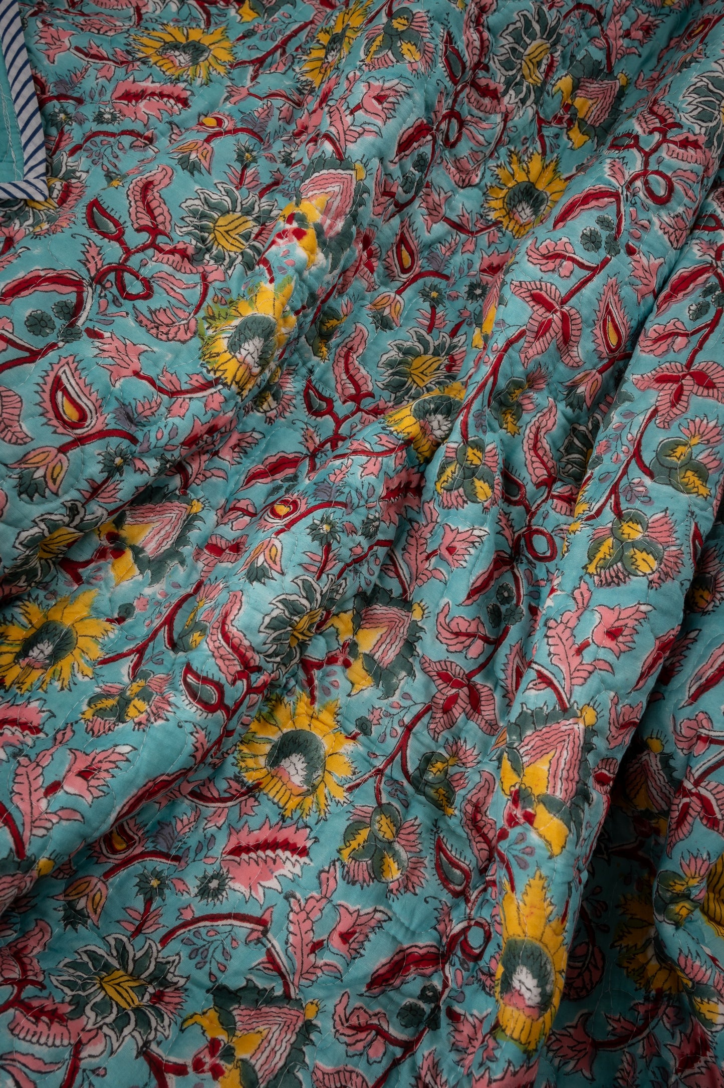 Orchard on blue - Handblock printed pure mulmul cotton reversible quilt