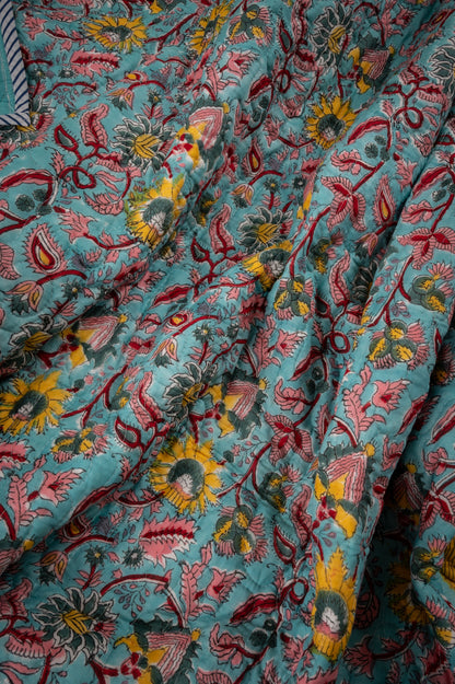 Orchard on blue - Handblock printed pure mulmul cotton reversible quilt