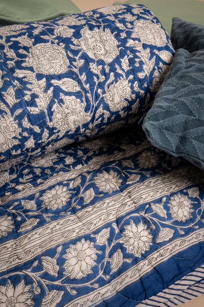 White crysanthemums on blue - Handblock printed pure mulmul cotton reversible quilt