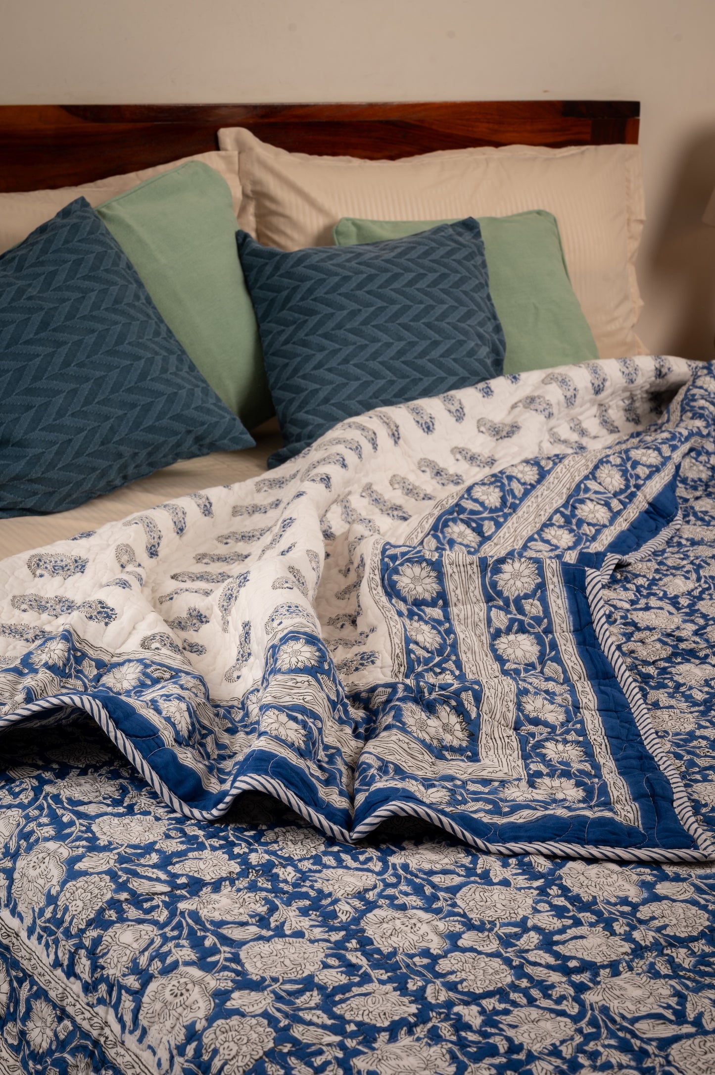 White crysanthemums on blue - Handblock printed pure mulmul cotton reversible quilt