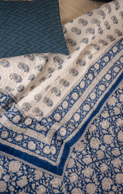 White crysanthemums on blue - Handblock printed pure mulmul cotton reversible quilt