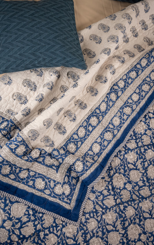 White crysanthemums on blue - Handblock printed pure mulmul cotton reversible quilt