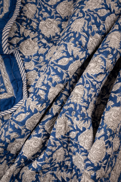 White crysanthemums on blue - Handblock printed pure mulmul cotton reversible quilt
