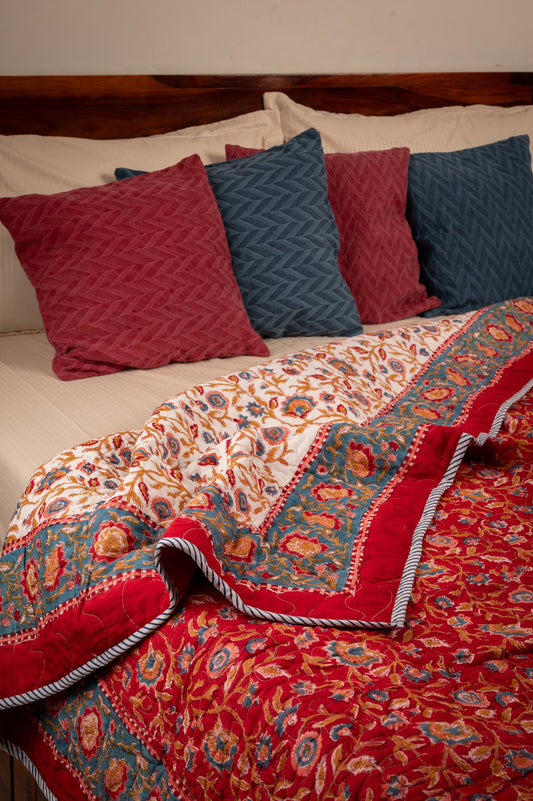 Red blooming gardens - Handblock printed pure mulmul cotton reversible quilt