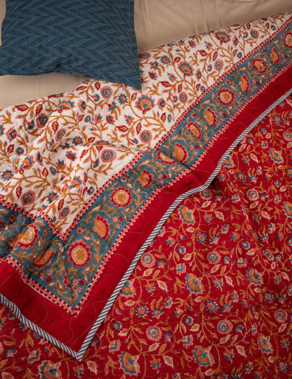 Red blooming gardens - Handblock printed pure mulmul cotton reversible quilt