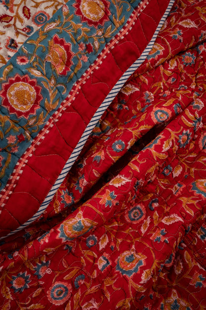 Red blooming gardens - Handblock printed pure mulmul cotton reversible quilt