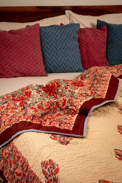 Royal mughal motifs on beige - Handblock printed pure mulmul cotton reversible quilt