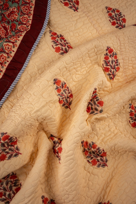 Royal mughal motifs on beige - Handblock printed pure mulmul cotton reversible quilt
