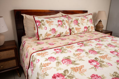 Rose gardens with cream pillow case - Quilted reversible bedcover in pure cotton