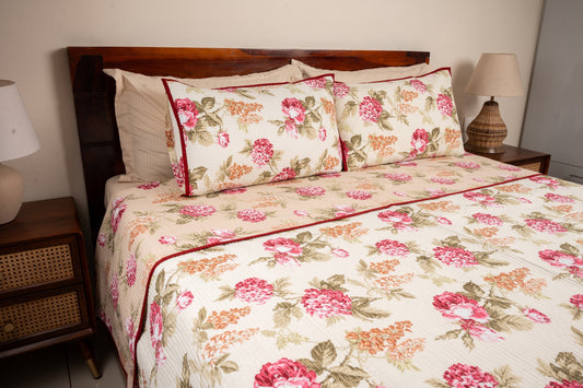 Rose gardens with cream pillow case - Quilted reversible bedcover in pure cotton
