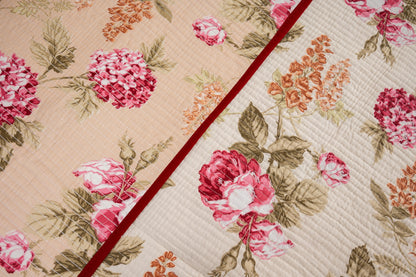 Rose gardens with cream pillow case - Quilted reversible bedcover in pure cotton