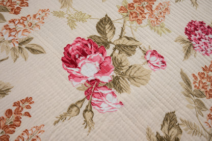 Rose gardens with cream pillow case - Quilted reversible bedcover in pure cotton