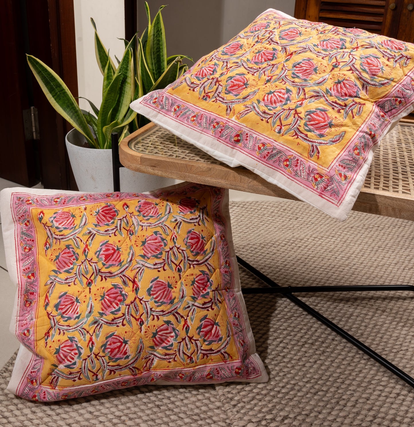 Pink bloom on yellow - Handblock printed quilted cushion cover