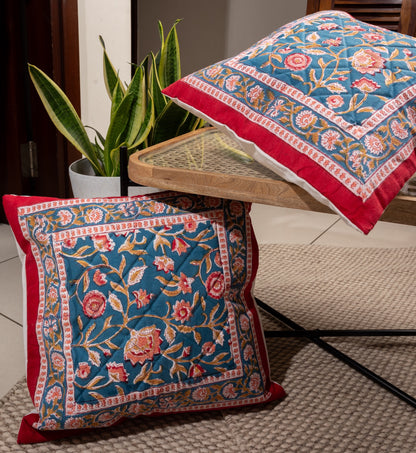 Blue blooming gardens - Handblock printed quilted cushion cover