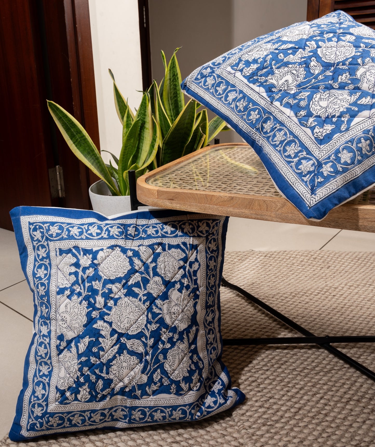 White chrysanthemum - Handblock printed quilted cushion cover