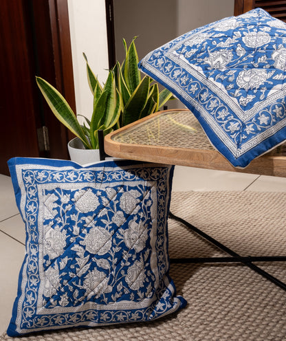 White chrysanthemum - Handblock printed quilted cushion cover