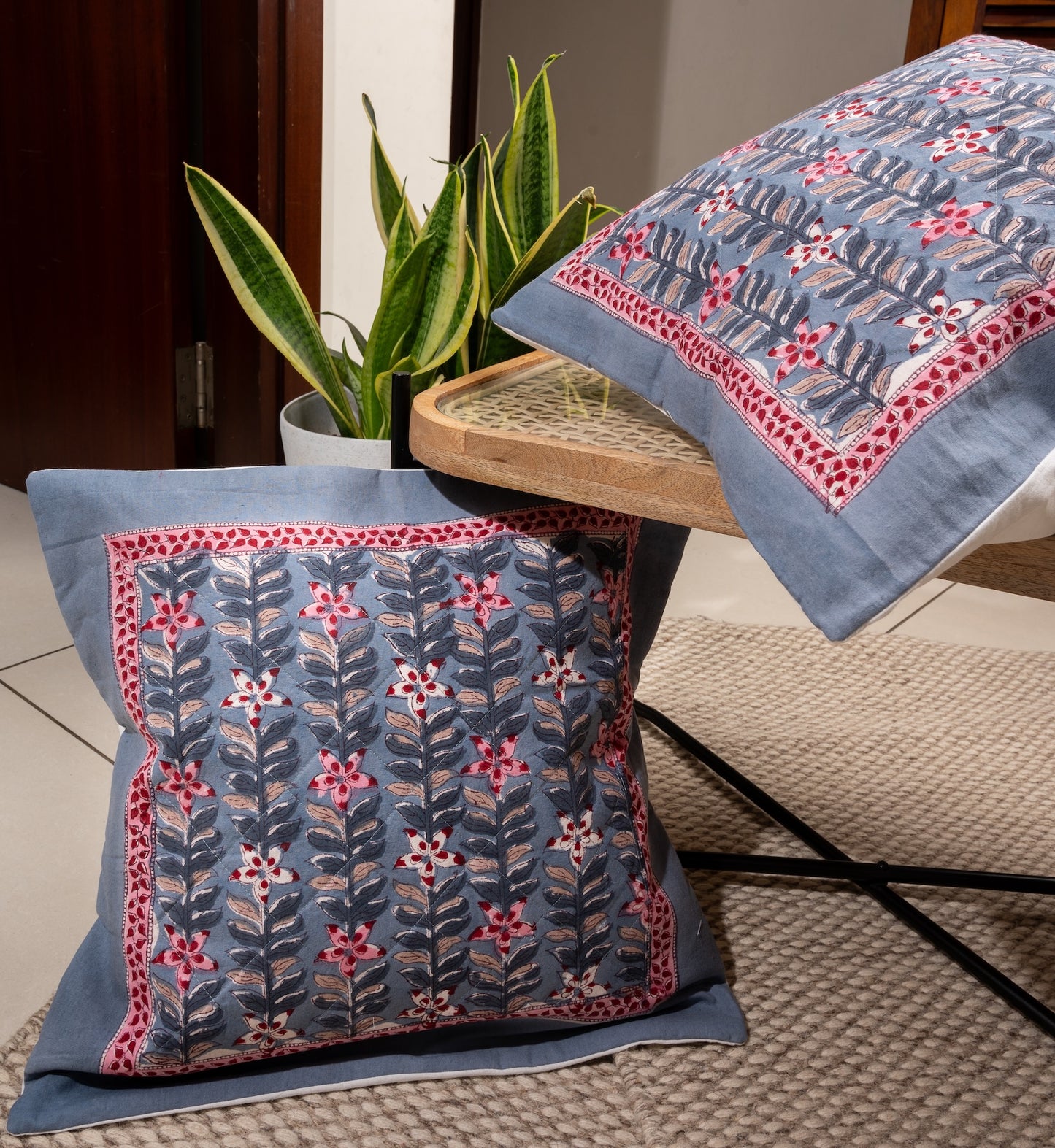 Evening blooms - Handblock printed quilted cushion cover