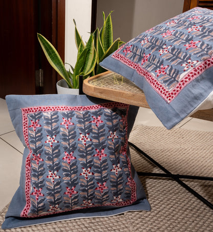 Evening blooms - Handblock printed quilted cushion cover