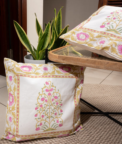 Pink florals - Cushion cover in handblock print