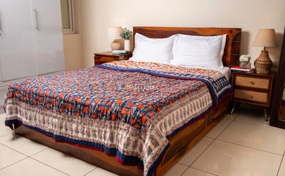 Midnight blossoms - Handblock printed pure mulmul cotton reversible quilt / Jaipuri rajai