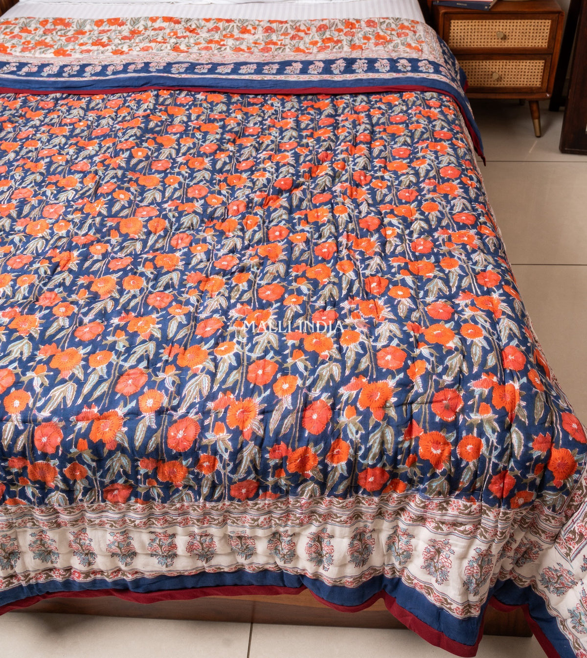 Midnight blossoms - Handblock printed pure mulmul cotton reversible quilt / Jaipuri rajai