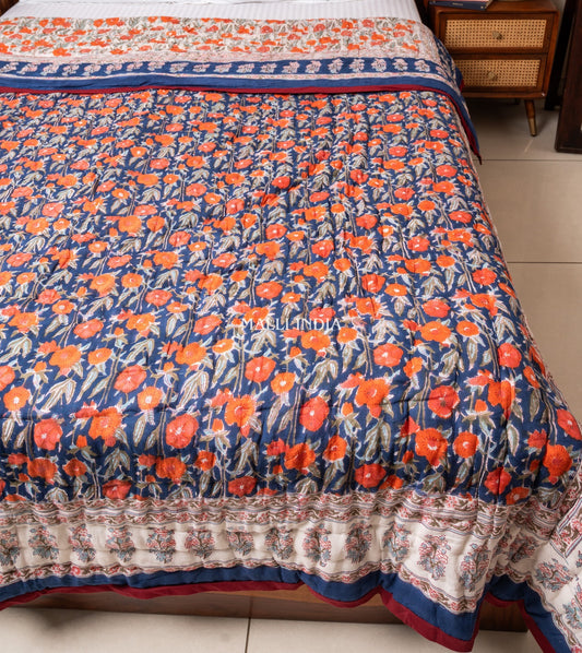 Midnight blossoms - Handblock printed pure mulmul cotton reversible quilt / Jaipuri rajai