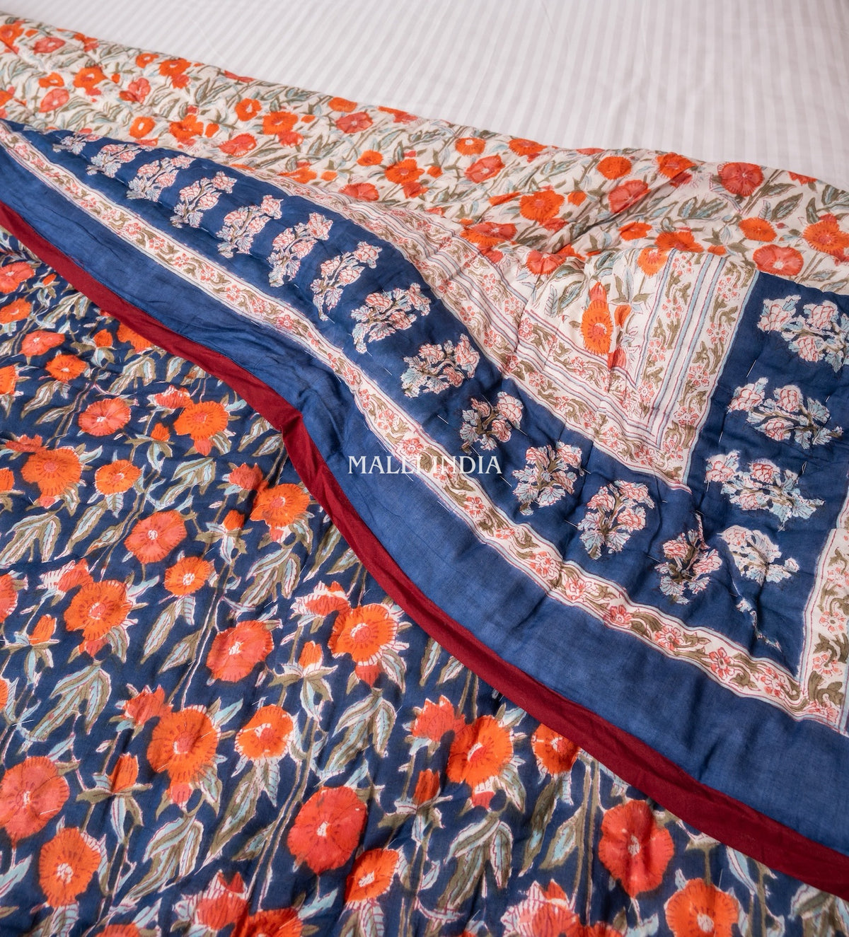 Midnight blossoms - Handblock printed pure mulmul cotton reversible quilt / Jaipuri rajai