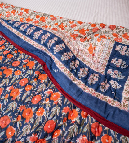 Midnight blossoms - Handblock printed pure mulmul cotton reversible quilt / Jaipuri rajai