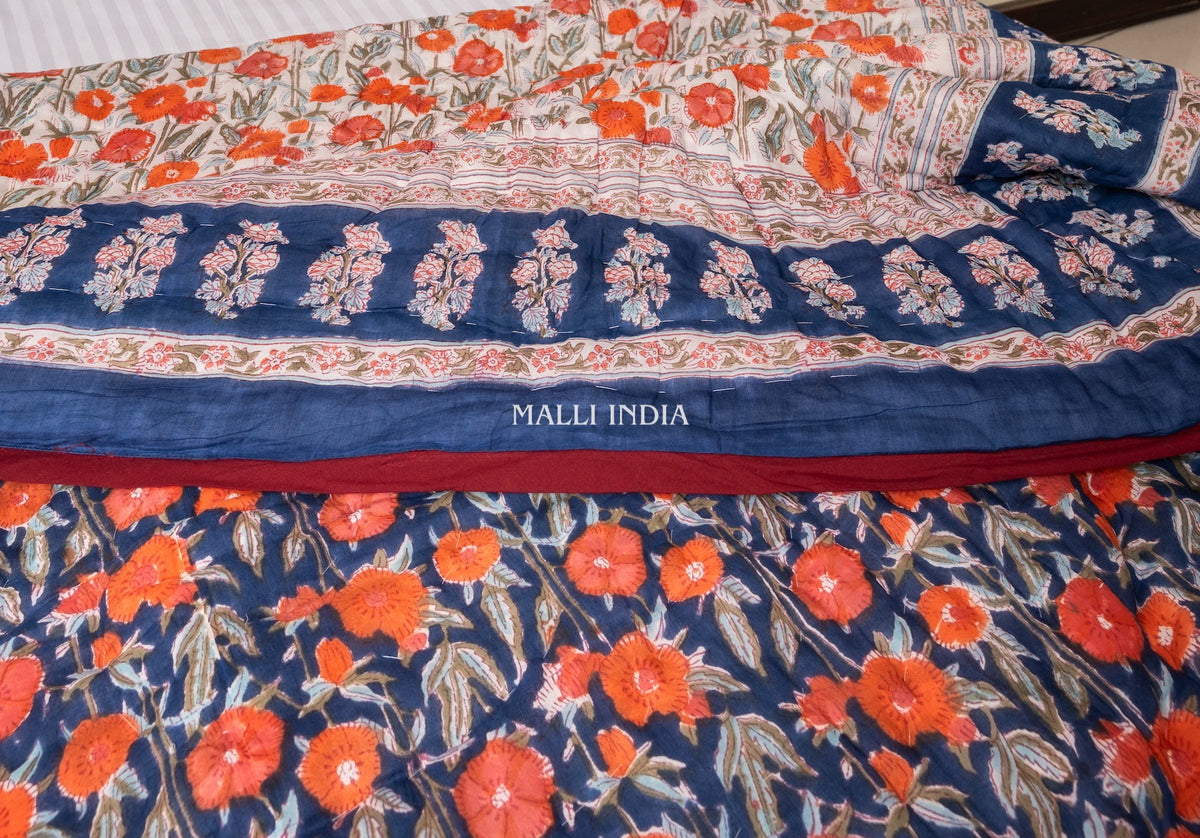 Midnight blossoms - Handblock printed pure mulmul cotton reversible quilt / Jaipuri rajai