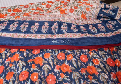 Midnight blossoms - Handblock printed pure mulmul cotton reversible quilt / Jaipuri rajai