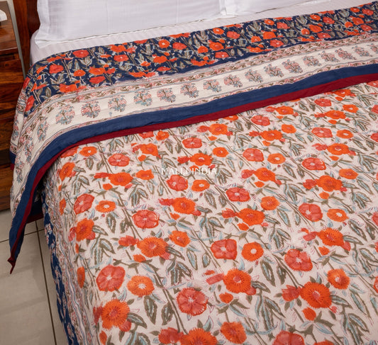 Midnight blossoms - Handblock printed pure mulmul cotton reversible quilt / Jaipuri rajai
