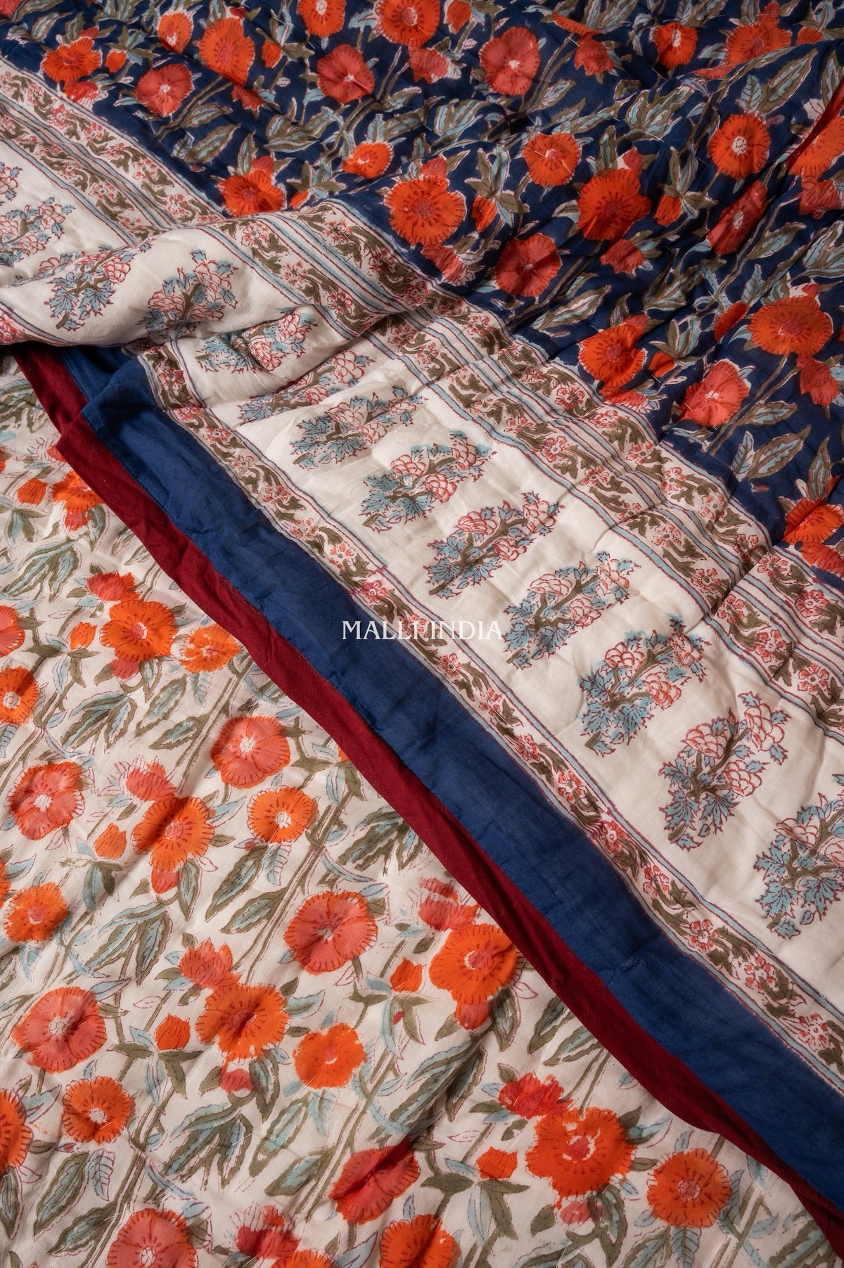 Midnight blossoms - Handblock printed pure mulmul cotton reversible quilt / Jaipuri rajai