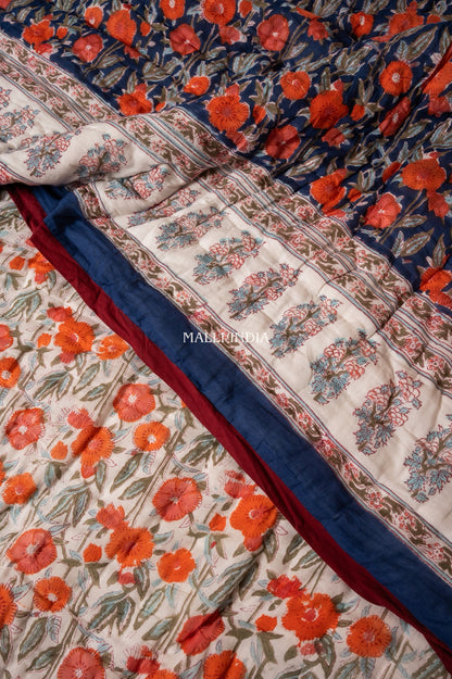 Midnight blossoms - Handblock printed pure mulmul cotton reversible quilt / Jaipuri rajai