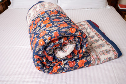 Midnight blossoms - Handblock printed pure mulmul cotton reversible quilt / Jaipuri rajai