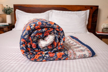 Midnight blossoms - Handblock printed pure mulmul cotton reversible quilt / Jaipuri rajai